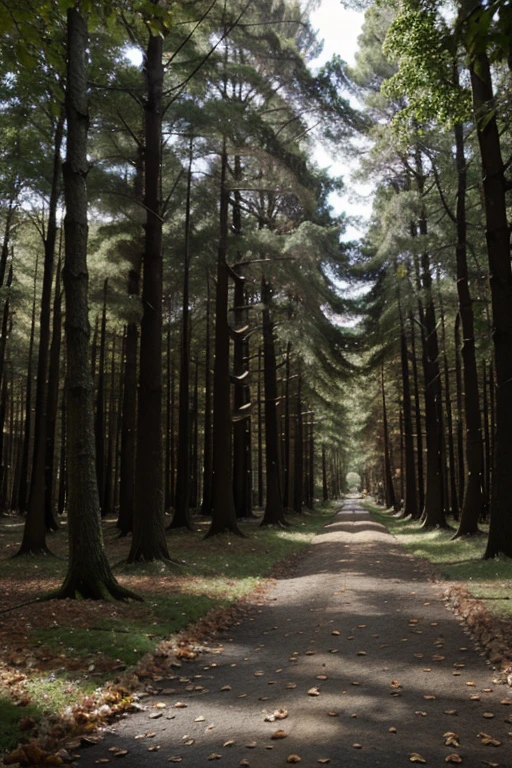 A dense and mysterious forest, avec des arbres centenaires et un tapis de feuilles mortes.
