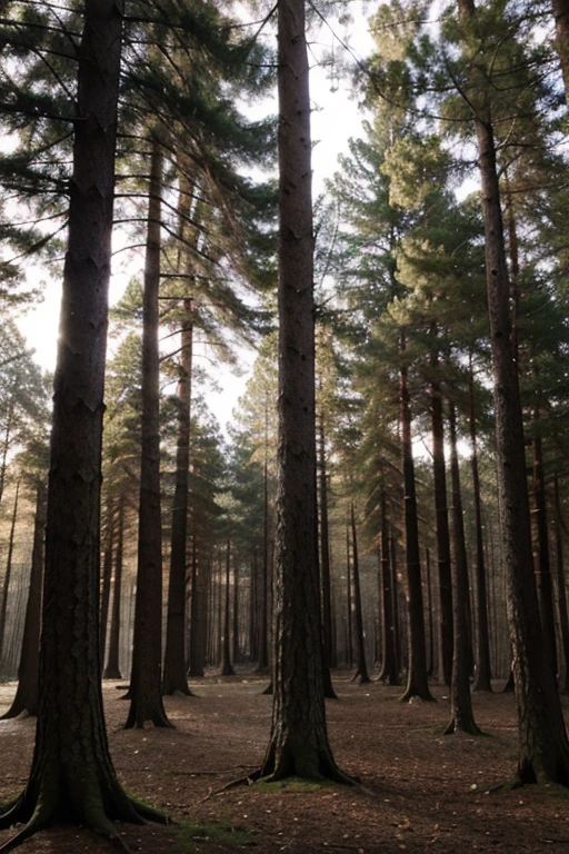 A dense and mysterious forest, avec des arbres centenaires et un tapis de feuilles mortes.