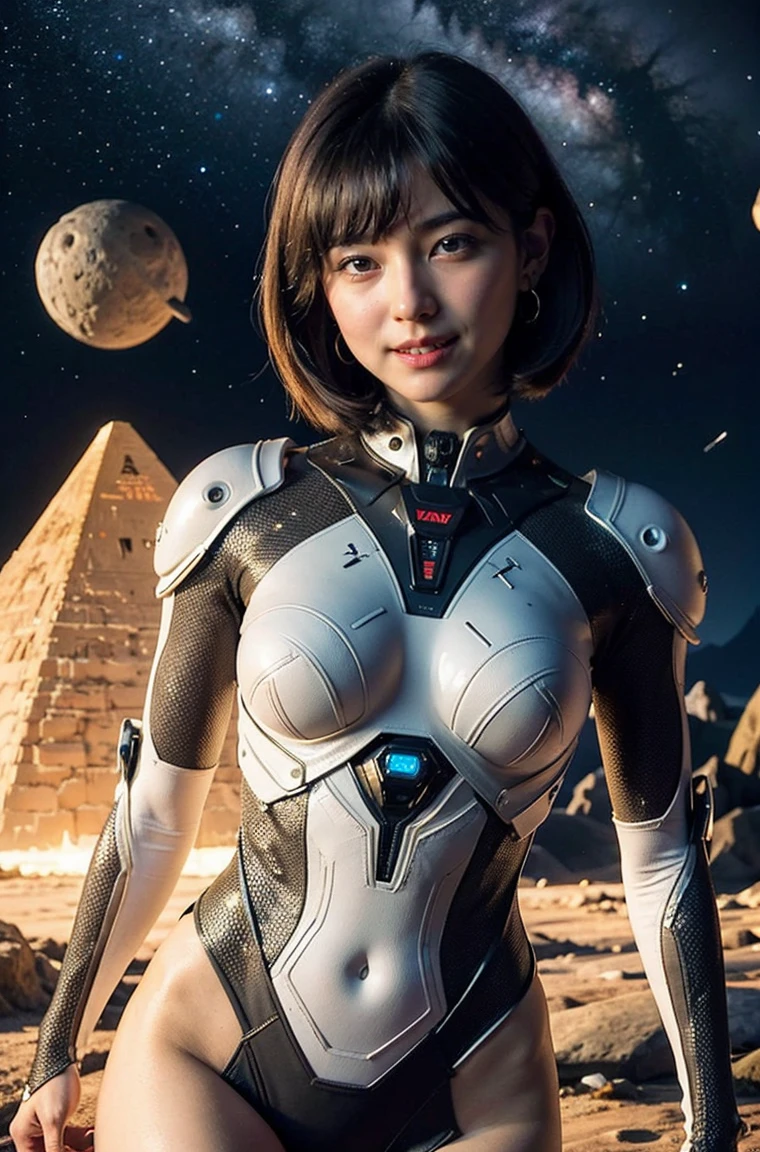 (RAW photo, highest quality), (realistic, Photoreal:1.3), 1 girl, bob cut、earrings、smile、realisticbody,old space costume、Ancient、boulder、Ancient Rites、Pyramid-shaped UFO flying from space、laser light、