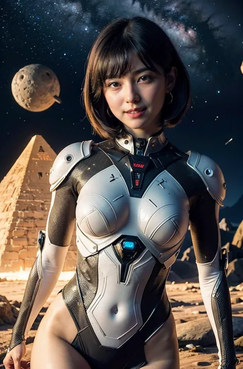 (RAW photo, highest quality), (realistic, Photoreal:1.3), 1 girl, bob cut、earrings、smile、realisticbody,old space costume、Ancient...