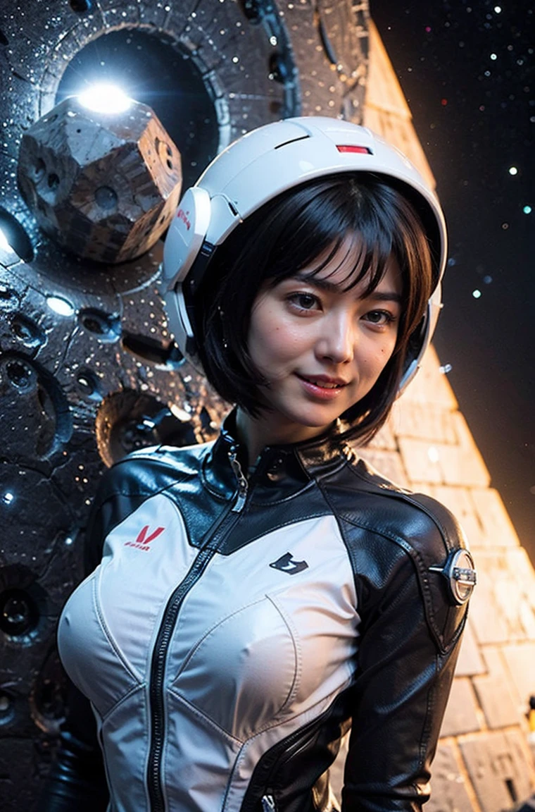 (RAW photo, highest quality), (realistic, Photoreal:1.3), 1 girl, bob cut、earrings、smile、realisticbody,old space costume、Ancient、boulder、Ancientの儀式、Pyramid-shaped UFO flying from space、laser light、