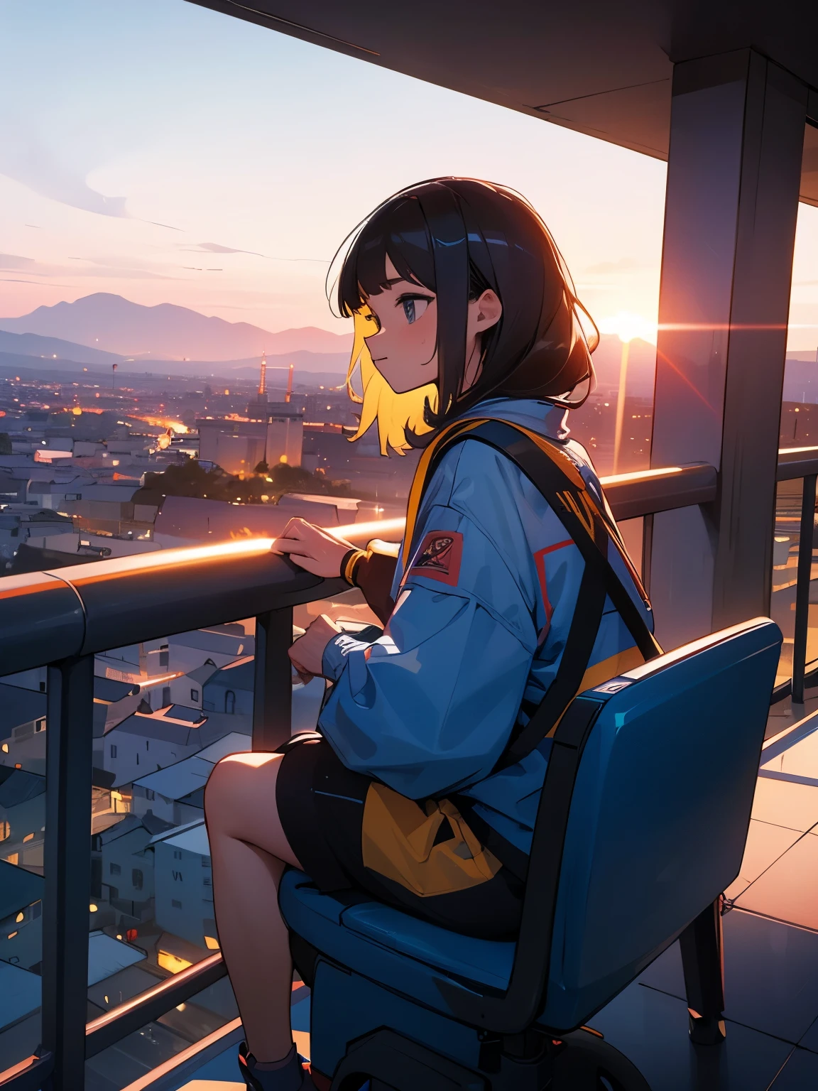 Oh, doce doce anc fofo fofo fofo !!! Uma menina sentada em uma colina observa o pôr do sol sobre a cidade.