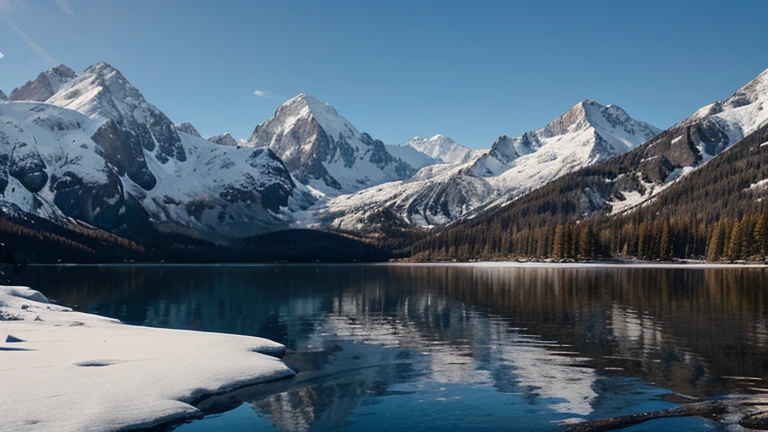 Generates an image of a mountain landscape with snow-capped peaks, un lac alpin et une forêt dense.