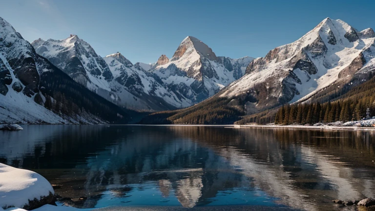 Generates an image of a mountain landscape with snow-capped peaks, un lac alpin et une forêt dense.