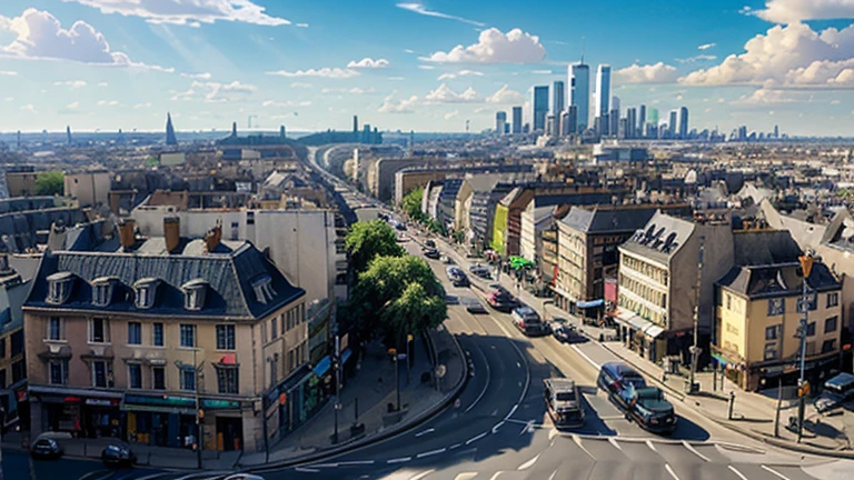 Crée une image d'une ville animée avec des gratte-ciel, des rues animées et des voitures qui passent.