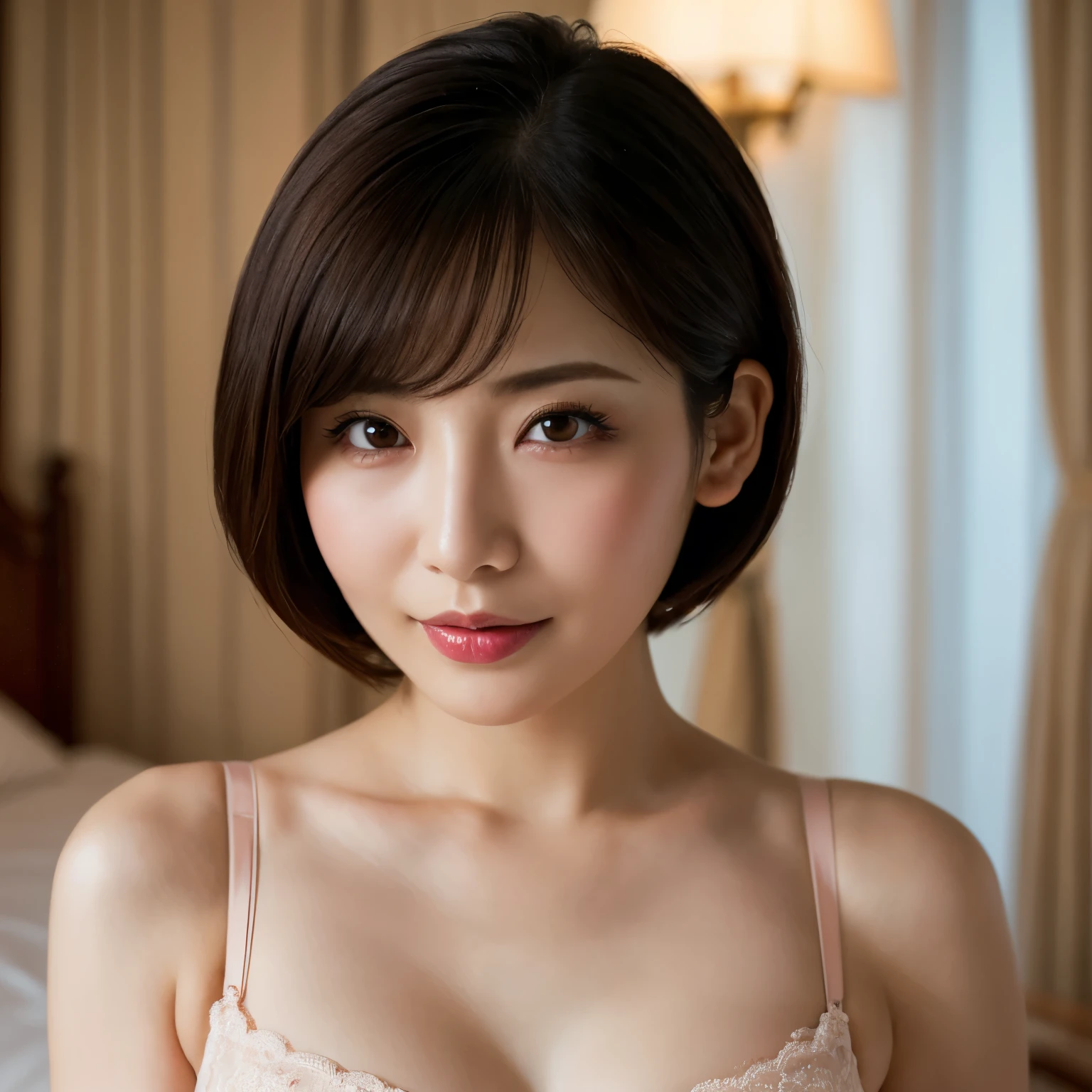 ((masterpiece, highest quality, High resolution, Photoreal, RAW photo, 8k wallpaper)), very detailed, 私を見つめる笑face、(1 45 year old Japanese mature woman:1.1)、(accurate anatomy:1.1)、 women sexy, detailed face, beautiful eyes, bangs, soft little cleavage、(finest bra)、perfect makeup、long eyelashes、lipstick、(very short hair:1.1), plump and beautiful lips, Beautiful and shining lips、(close-up of woman&#39;face:1.3)、(Blurred luxury love hotel bedroom:1.1)、Warm and romantic lighting, moody colors