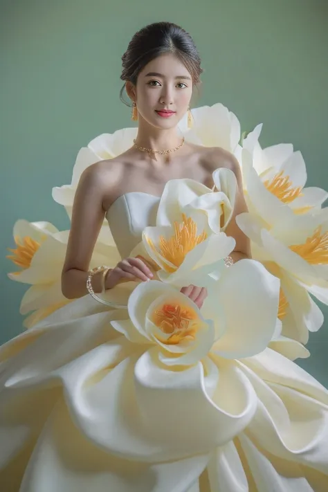 arafed woman in a white dress with large flowers on her dress, inspired by Liu Haisu, made of silk paper, robe. extremely high d...