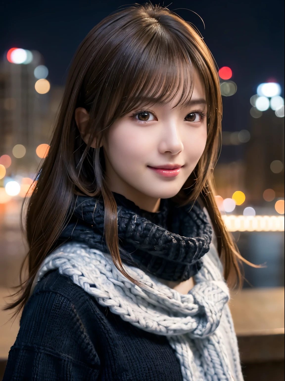 1 Japanese girl,(black sweater:1.4),(She wears a knitted snood around her neck to hide her chin..:1.5), (RAW photo, highest quality), (realistic, Photoreal:1.4), table top, very delicate and beautiful, very detailed, 8k wallpaper, wonderful, finely, very detailed CG Unity, High resolution, soft light, Beautiful detailed 19 year old, very detailed目と顔, beautifully detailed nose, detailed and beautiful eyes,cinematic lighting,night city lights,perfect anatomy,slender body,smile  (hair is dirty, asymmetrical bangs, light brown hair,)