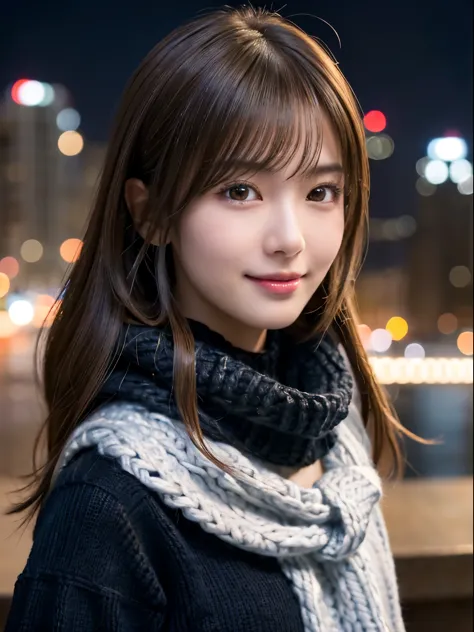 1 japanese girl,(black sweater:1.4),(she wears a knitted snood around her neck to hide her chin..:1.5), (raw photo, highest qual...