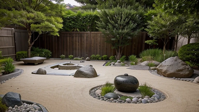 Generates an image of a Zen garden with stones, du sable et des plantes.