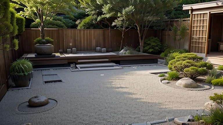 Generates an image of a Zen garden with stones, du sable et des plantes.