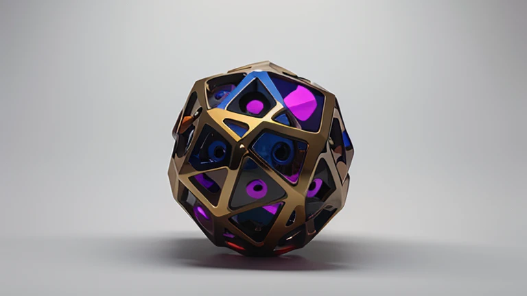 Generates an image of an abstract 3D object with geometric shapes and bright colors.