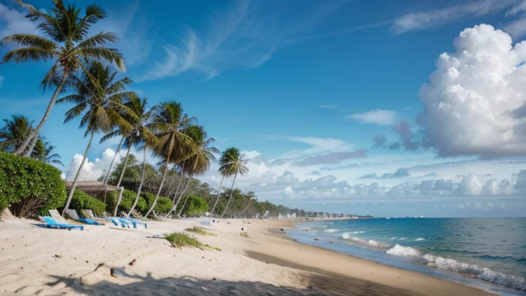 Creates an image of a beach landscape with palm trees, une mer bleue et des nuages blancs.