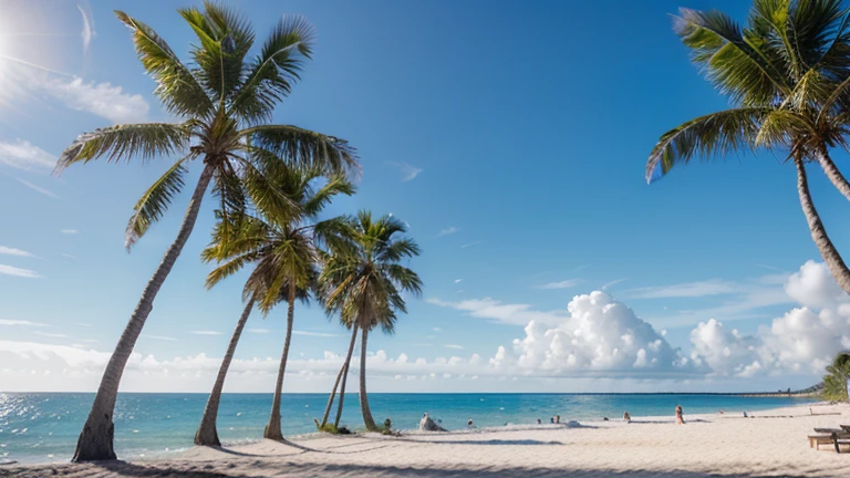 Creates an image of a beach landscape with palm trees, une mer bleue et des nuages blancs.