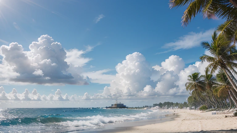 Creates an image of a beach landscape with palm trees, une mer bleue et des nuages blancs.
