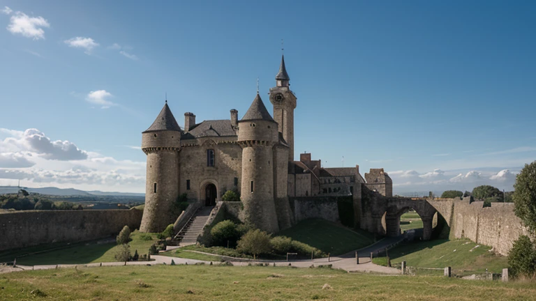 Generates an image of a medieval castle with stone walls, towers and battlements.