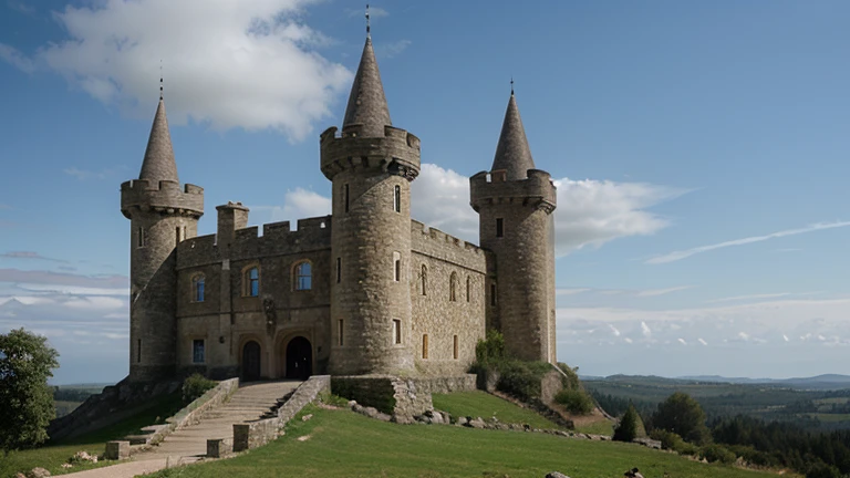 Generates an image of a medieval castle with stone walls, towers and battlements.