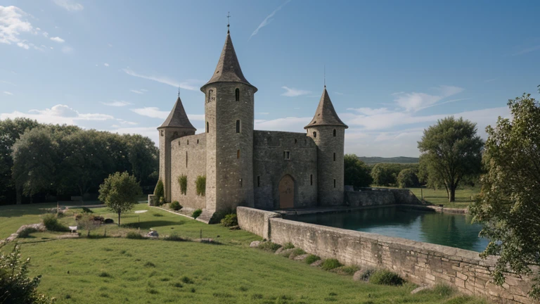 Generates an image of a medieval castle with stone walls, towers and battlements.