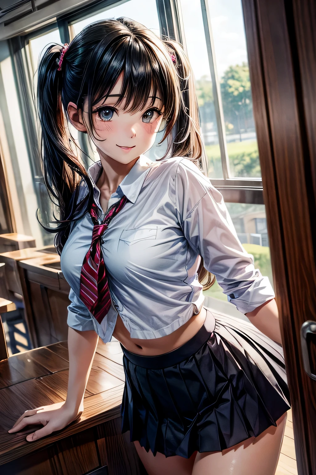 very cute and beautiful girl,(very detailed美しい顔), (smile:1.2),blush,black hair,low twin tails,serafuku,(pleated navy blue tanding,from below,(white panties), wooden classroom,window,distant tree々and the city, (highest quality,masterpiece:1.2),disorganized,High resolution,super detailed,very detailed,32K,8K resolution, intricate details,movie-like scene,detailed background,alone,dynamic angle,