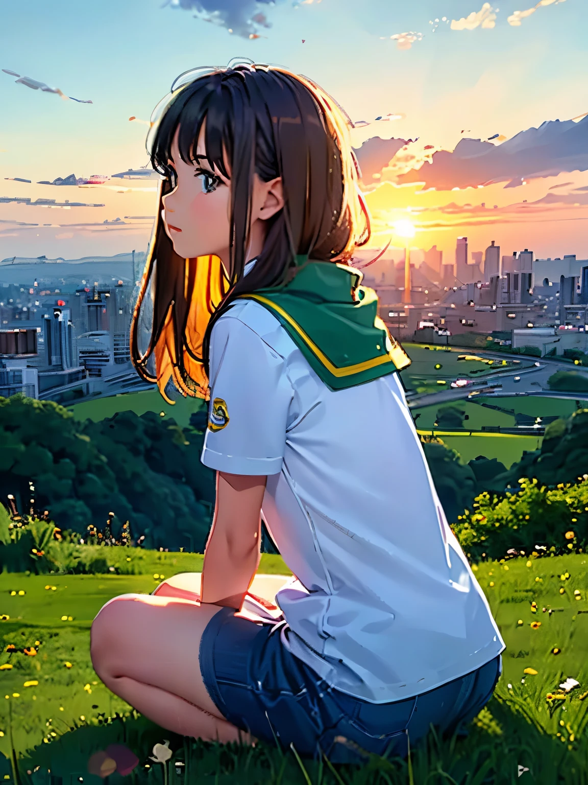 Oh, dulce dulce anc lindo lindo lindo !!! una niña sentada en una colina observa la puesta de sol sobre la ciudad.
