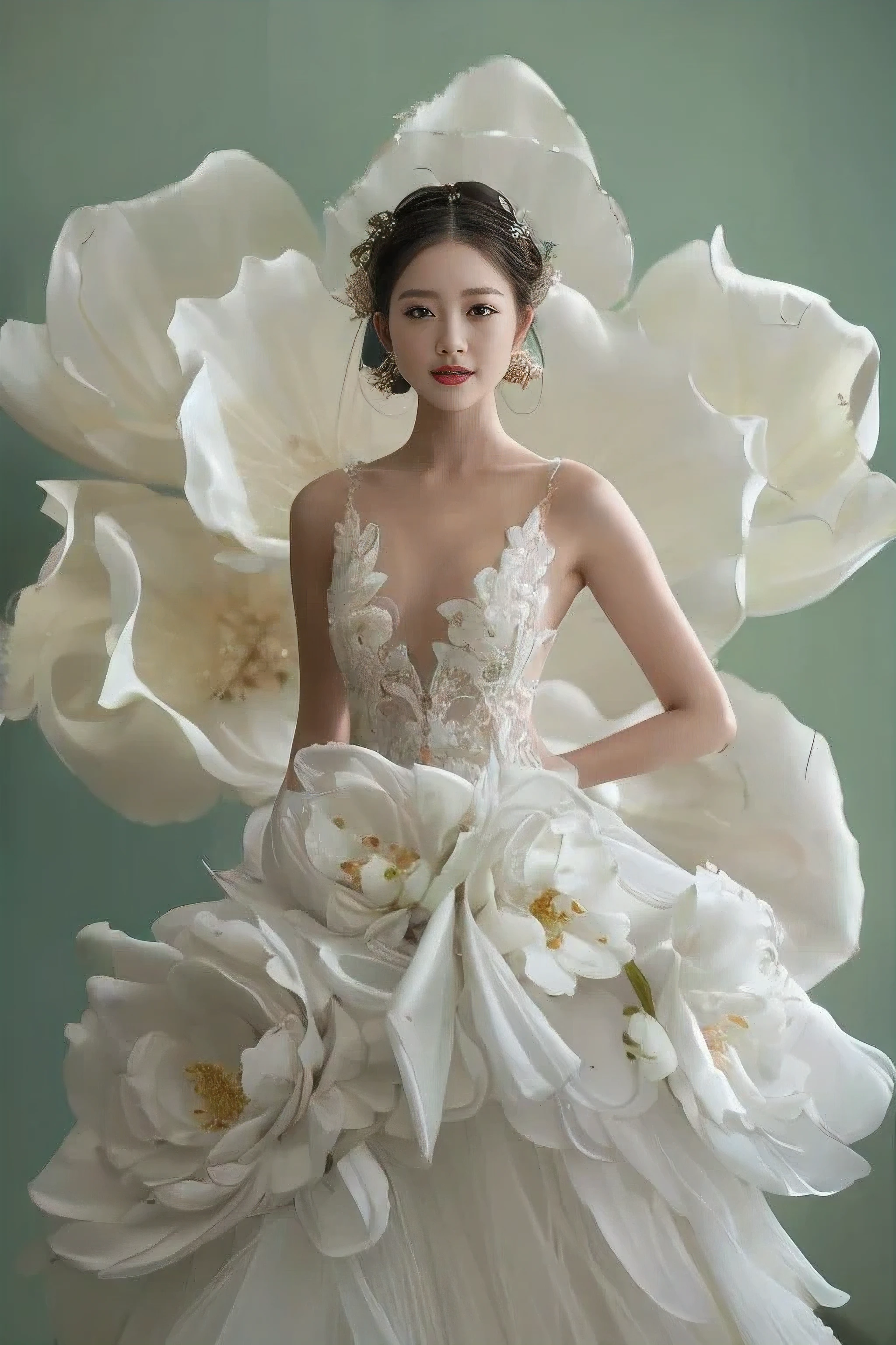 une femme élégante en robe blanche à fleurs, robe complexe, habillé une belle robe, robe de mariée, une robe complexe, inspiré par Liu Haisu, inspiré par Wen Jia, vera wang couture, shaxi, Heonhwa Choe, doux et complexe, Wenfei toi, porter une robe en organza, Kim Hyun Joo, Une beauté à couper le souffle, robe fluide