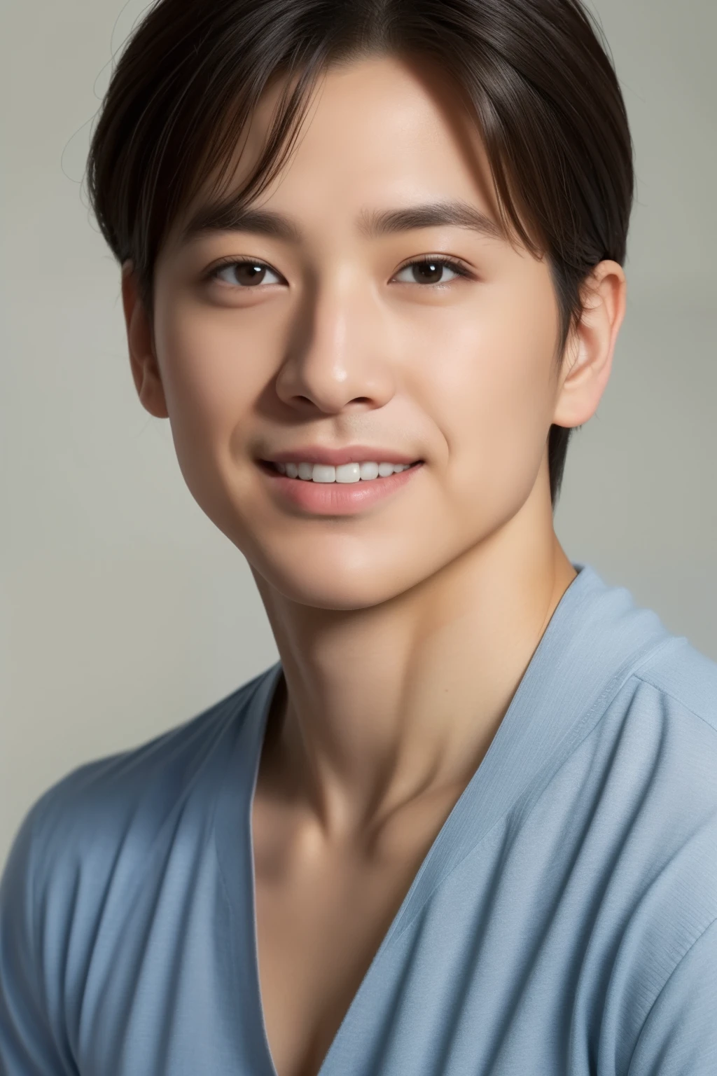 highest quality, masterpiece, 超A high resolution, (realistic: 1.4), original photo, wallpaper, Head photo, skin, simple background, black eye, detailed, Self snap, 1 boy, 35 years old, Handsome, breeze, Light of the sun, they want、room、素晴らしいHandsome男、cute、Central part、perm、Johnny&#39;s、A face like Ryo Yoshizawa、fresh、eyebrows are not too thick、Orthodox Christianity、smile、muscle tissue