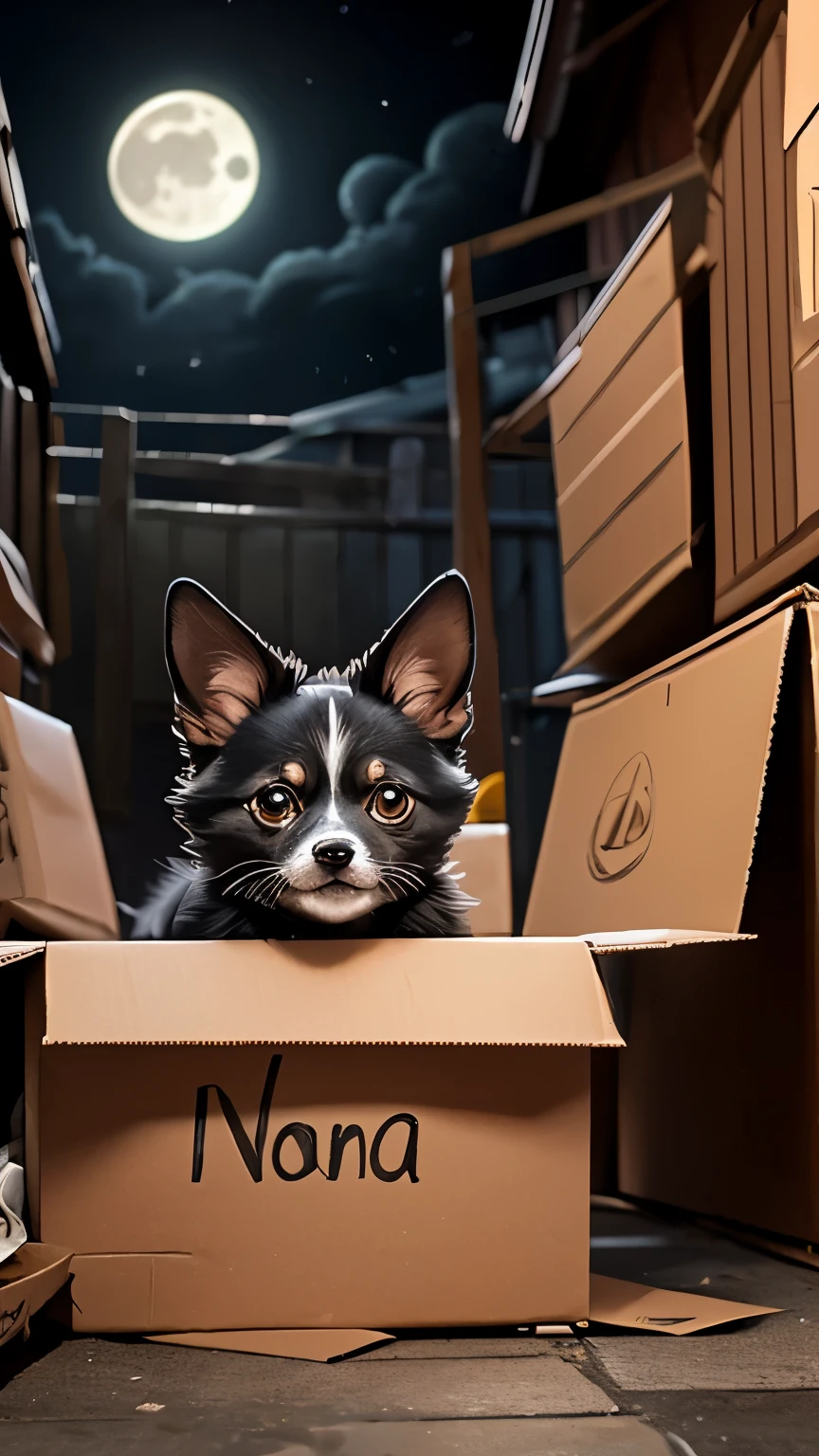 A dark and stormy night with Luna, a small, scrappy street dog, trying to find shelter under a broken-down cardboard box.