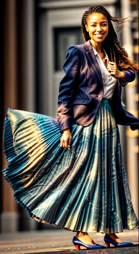 A smiling, authentic, (shy:1,3), kind, beautiful woman, is passionately in love with her skirt, sitting down on the gound while wind lifts her skirt, wearing short blazer and very very detailed (long (fully pleated) full circle skirt) and (low heeled court...