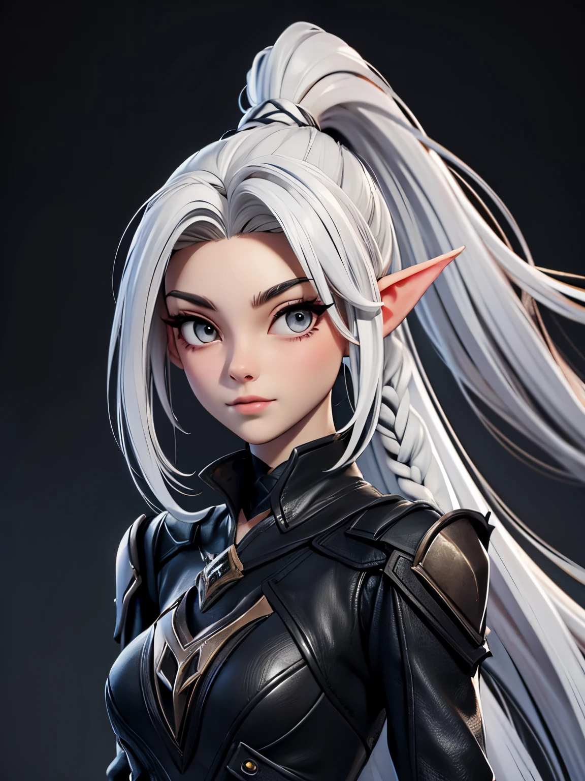 Millicent is a 21 year old young girl, tall and fit physique. She has fair skin and gray eyes with small pupils. Long wavy white hair braided into a high ponytail with many small braids. Has long pointed ears. Described as an incredibly beautiful girl. Prefers to wear black clothes, gray and white colors