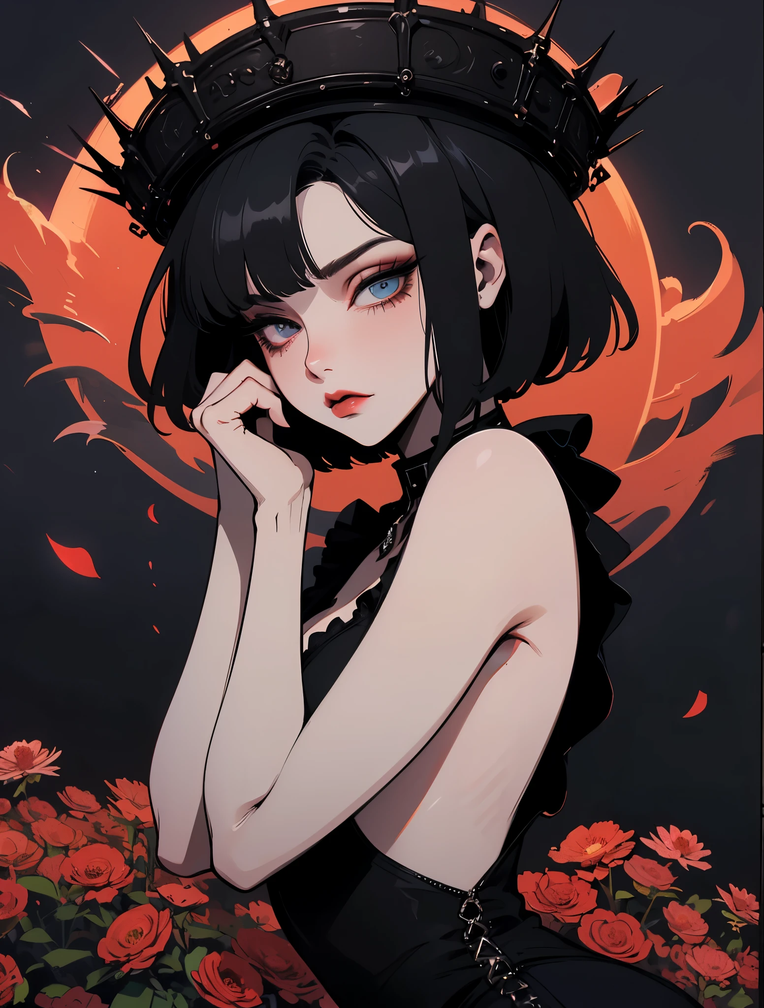 a beautiful woman with demonic makeup and a red floral top standing with her hands on her hips, bob cut, solo, 1girl, heterochromia, black hair, hat, bruno bucciarati, lipstick, breasts, short hair, makeup masterpiece, best quality, 1girl,winona, girl, chill expression, mysterious,more_details:-1, more_details:0, more_details:0.5, more_details:1, more_details:1.5,sharp focus, perfect hands, perfect light looking at viewer, black background,mirrornun,sharp focus, perfect hands, perfect light, ((best quality)), ((Meisterwerk)), (detailliert), perfektes Gesicht