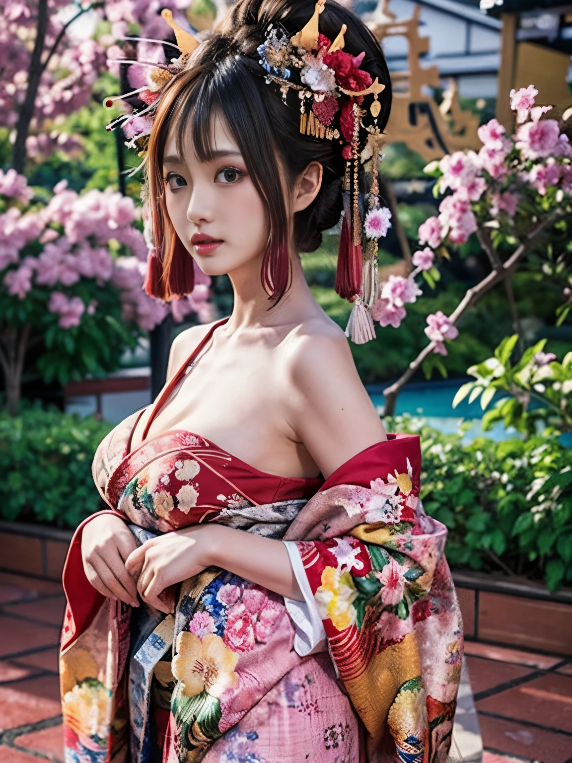 4k, masterpiece, High resolution, confused,Natural volumetric lighting and best shadows, 笑face,deep i is written in the depth of the world,soft delicate beautiful attractive face, beautiful edge courtesan_woman, a woman in a kimono posing for a picture  ,Courtesan with perfect edges_face,Courtesan with perfect edges_body,edgOiran_compensate,edgOiran_hairstyle、NSFW:1.5