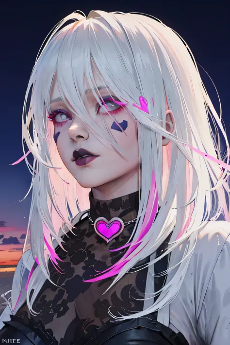 (masterpiece), (best quality), ultra res, highly detailed, turned at viewer, anime style, (face shoot), white hair with pink at ...