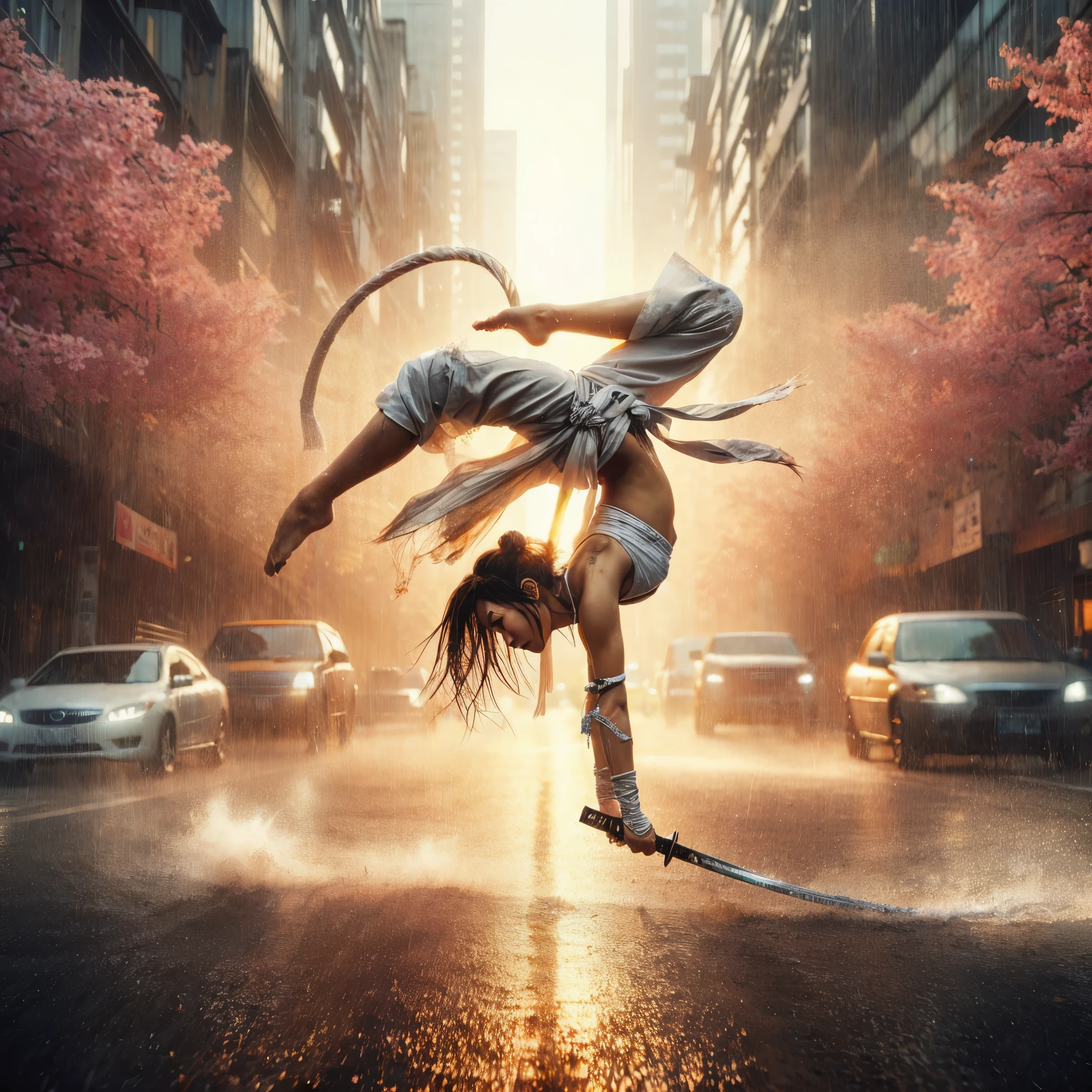 super high angle shot, a beautiful woman tribal,carrying white katana,doing stunning somersaults in city street, wearing white thin shirt,sunrise, background a falling cherry blossoms and city street,perfect proportional body, rainy atmosphere,stunning splash water effects from katana movement, smoke,ultra HD 32K,detailed and intricate, light focused on faces, ultra detail on faces,hyperrealistic, superrealistic photography, lighting on the front.