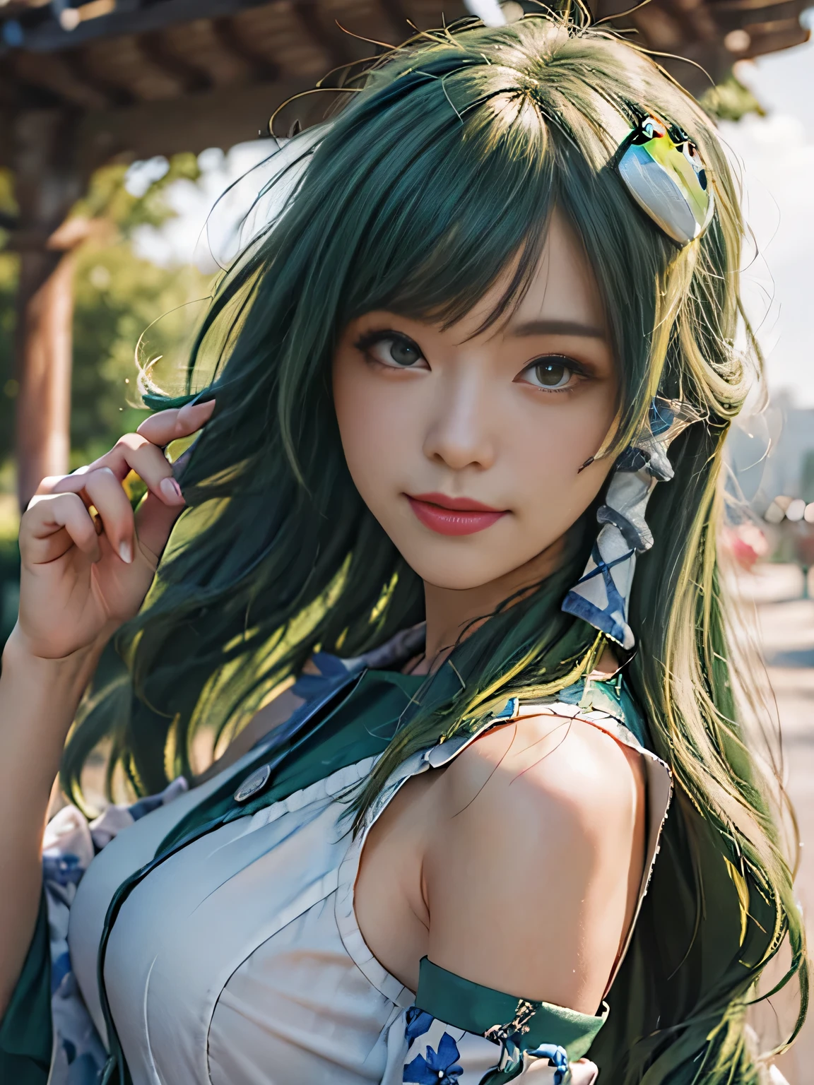 (masterpiece, best quality:1.4), ((1girl)), highres, solo, (european youth:1), (((Kochiya Sanae))), touhou project, ((18 years old)), (((Long hair))), (((green hair))), green eyes, frog hair ornament, hair tubes, snake, detached sleeves, ((Exposed shoulders)), (((blue shirt))), single thighhigh, fishnets, high detailed skin, dslr, soft lighting, high quality, highly detailed face, highly detailed skin, skin pores, subsurface scattering, realistic pupils, full face blush, detailed background, depth of field, volumetric lighting, sharp focus, absurdres, realistic proportions, good anatomy, ((cowboy shot)), ((looking at viewer)), ((light smile)), (realistic, hyperrealistic:1.4), 16k hdr, from above, green_bow, Shinto shrine