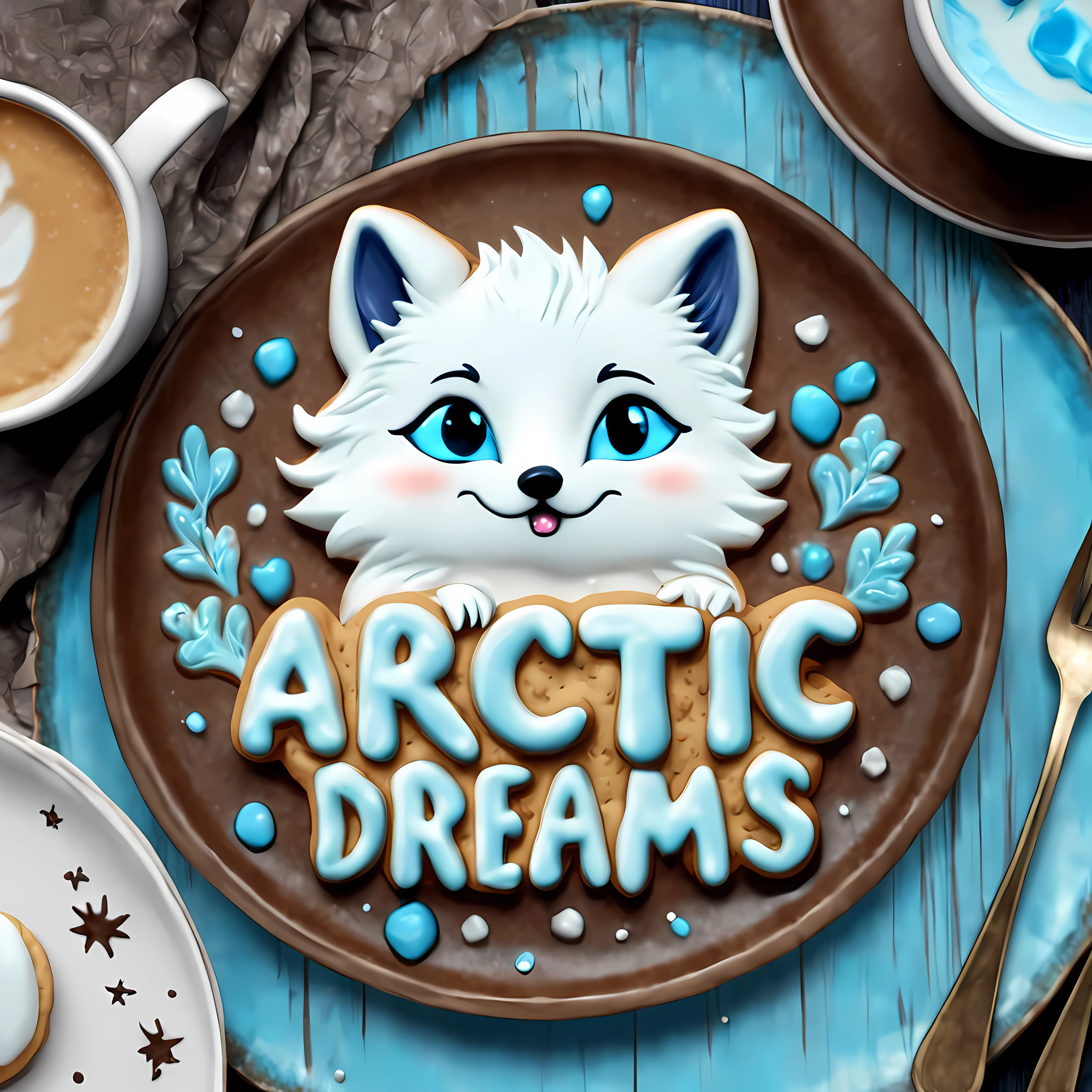 Cute cartoon style, masterpiece in maximum 16K resolution, close up of majestic cookies (shaped as arctic foxes). | (On an elegant rustic plate), a hot coffee. | Vivid blue eyes, delicate nature ornate. | ((More_Details))