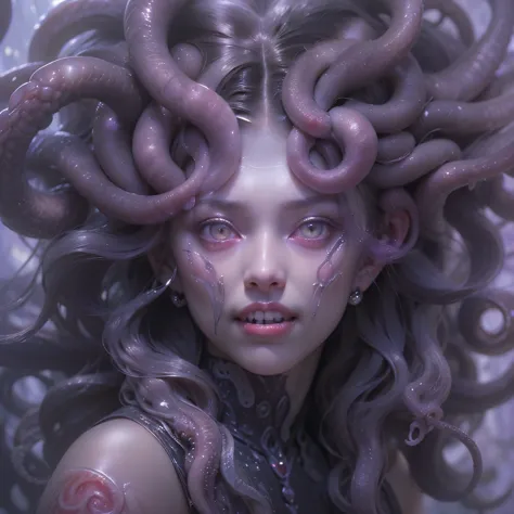 (Portrait of a beautiful yet frightening medusa:1.4), ((There is a female genital-like organ in the middle of the forehead:1.8))...
