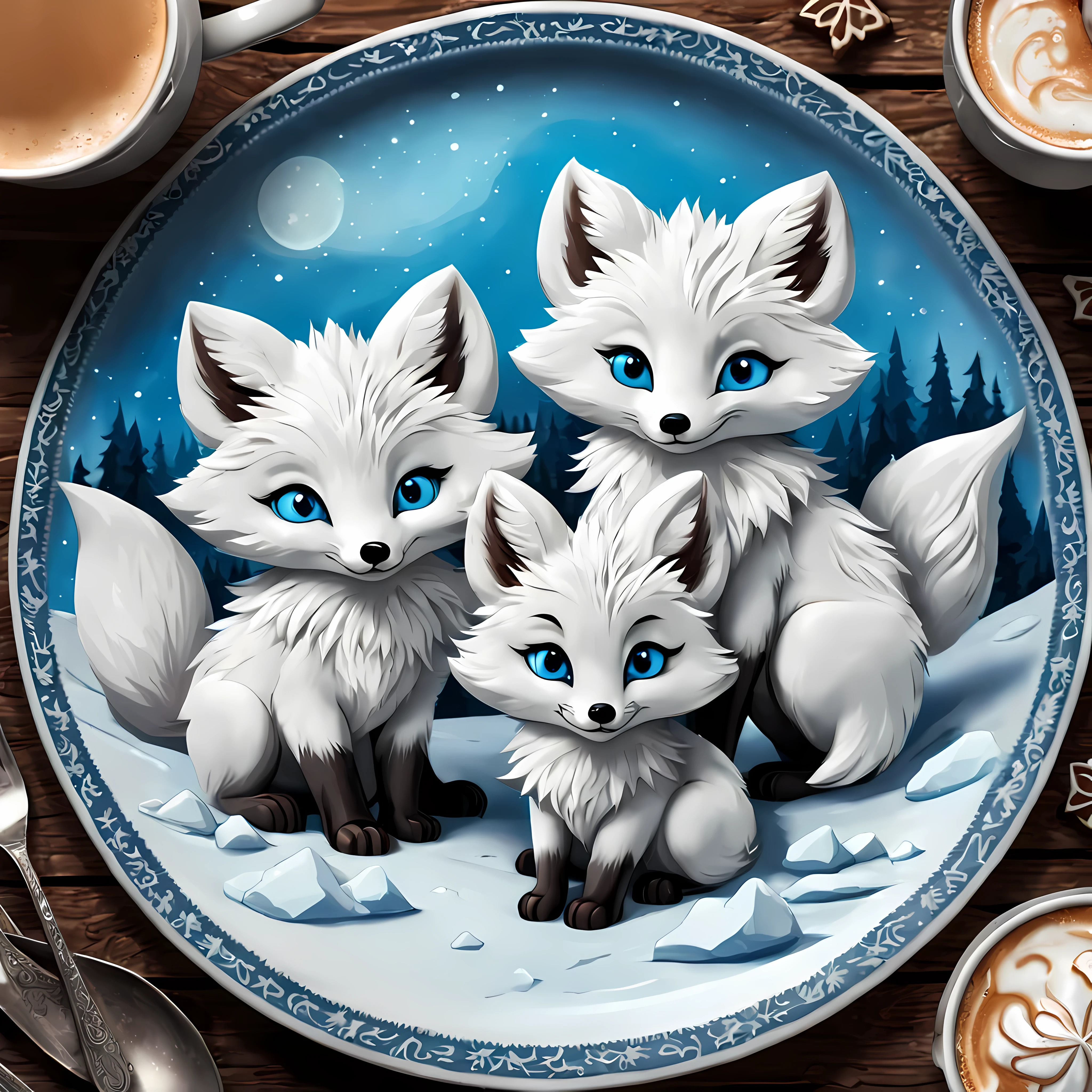 Cute cartoon style, masterpiece in maximum 16K resolution, close up of majestic cookies (shaped as arctic foxes). | (On an elegant rustic plate), a hot coffee. | Vivid blue eyes, delicate nature ornate. | ((More_Details))