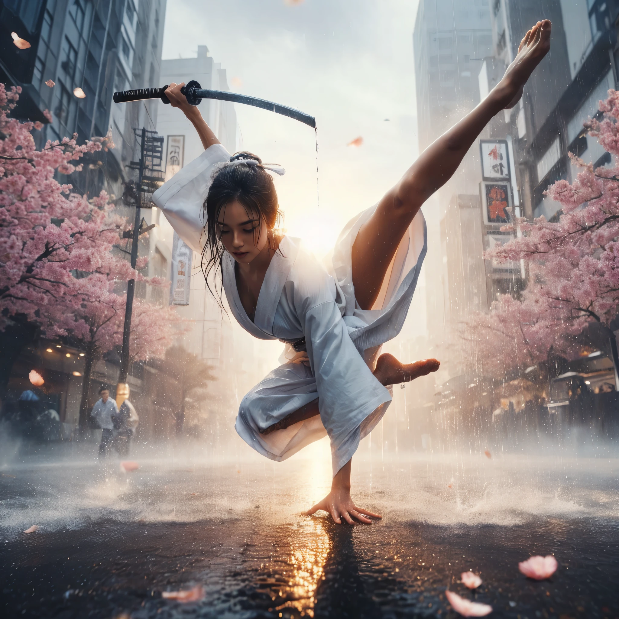 super high angle shot, a beautiful woman tribal,carrying white katana,doing stunning somersaults in city street, wearing white thin shirt,sunrise, background a falling cherry blossoms and city street,perfect proportional body, rainy atmosphere,stunning splash water effects from katana movement, smoke,ultra HD 32K,detailed and intricate, light focused on faces, ultra detail on faces,hyperrealistic, superrealistic photography, lighting on the front.