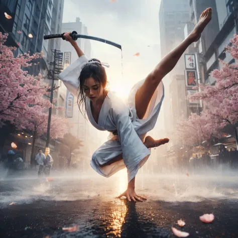 super high angle shot, a beautiful woman tribal,carrying white katana,doing stunning somersaults in city street, wearing white t...