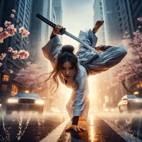 super high angle shot, a beautiful woman tribal,carrying white katana,doing stunning somersaults in city street, wearing white t...