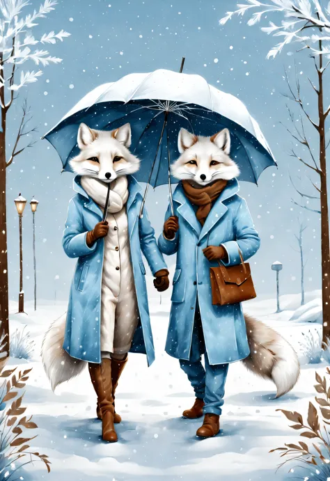 Charming full body cartoon of light blue and white arctic fox couple, snowflakes under umbrella, Ejon Klaassen (Jörn Klassen) re...