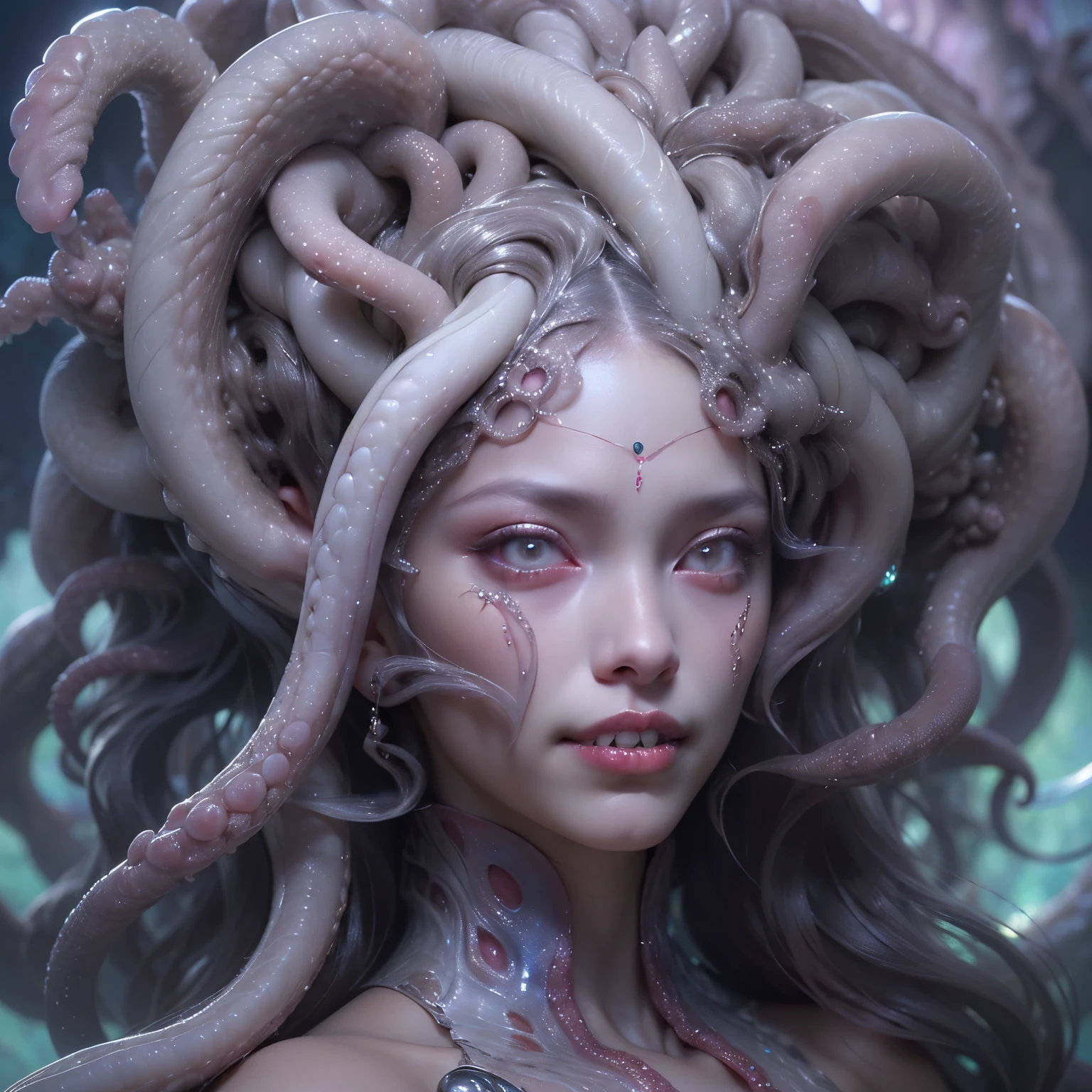 (Portrait of a beautiful yet frightening medusa:1.4), ((There is a female genital-like organ in the middle of the forehead:1.8)), (realistic face:1.2), Super realistic clear skin, (Number of award-winning masterpieces々, incredibly detailed, Texture and maximum detail), midnight aura, unreal engine 5, super sharp focus, midnight aura, unreal engine 5, super sharp focus, (art by Amano Yoshitaka:1.5), art germ, Reusch, intricate artwork, ultra realistic realism, High resolution, High freshness, draw faithfully, official art, Unity 8K wall-paper, Super detailed artistic photography, dream-like, fantasy creation, (biopunk nautilus:1.3),thrilling color scheme, amazing mutation, well-proportioned body, goddess of the deep sea, fractal, Geometric pattern, (large number of transparent white tentacles with luminescent organs:1.4), Subtle emerald green accents, (smiling seductively:1.1),(she has the most beautiful face in the history of the universe:1.5), (She looks down at the viewer with glowing silver eyes without pupils:1.3), an evil gaze that seduces, cinematic lighting, (natural makeup:1.3), (From the gap between her cute lips, long canine teeth peek out like a vampire:1.5), in the palace hall, A sweet sigh leaks from your beautiful lips, ecstatic expression, She has countless hair-like translucent tentacles on her head.。