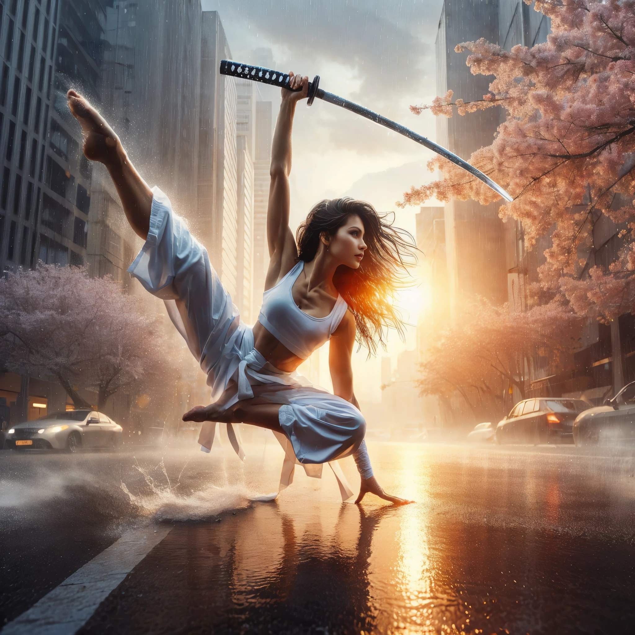 super high angle shot, a beautiful woman tribal,carrying white katana,doing stunning somersaults in city street, wearing white thin shirt,sunrise, background a falling cherry blossoms and city street,perfect proportional body, rainy atmosphere,stunning splash water effects from katana movement, smoke,ultra HD 32K,detailed and intricate, light focused on faces, ultra detail on faces,hyperrealistic, superrealistic photography, lighting on the front.