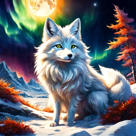 Arctic fox:silver fur,崖の上からhorizonを見下ろす白狐のボスを描きます,wonderful絵画,horizon,In a harsh environment where it is cold and there is littl...