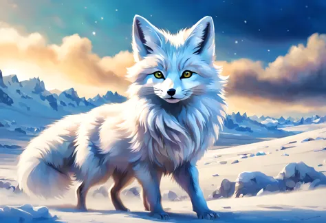 arctic fox:silver fur,draw a running white fox boss,wonderful絵画,horizon,in a harsh environment where it is cold and there is lit...