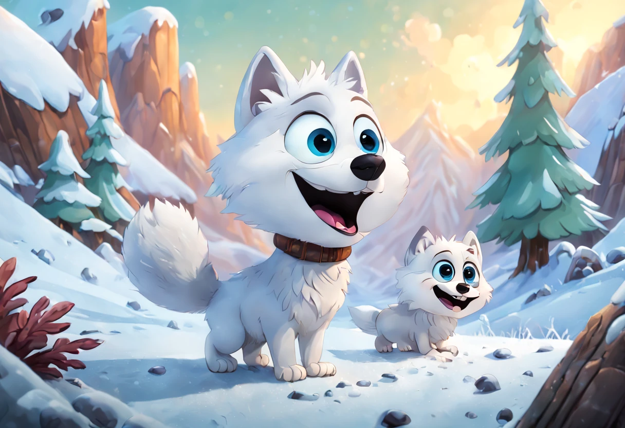 /best quality, ultra-detailed, realistic, photorealistic: 1.37),(disney pixar style:1.32) vibrant colors, soft lighting, art painting, arctic landscape, (two arctic fox cubs playing:1.2), ground covered in snow, fur details, adorable and cute creatures, curious expressions, playful behavior, sharp focus, white fluffy fur, expressive eyes, paw prints in the snow, frosty breath, forest background, subtle shadows, cool atmosphere and cold, bluish tones, energetic movement, majestic mountains, windy winds, happy interaction, natural habitat, charming scene, image taken from a cartoon scene