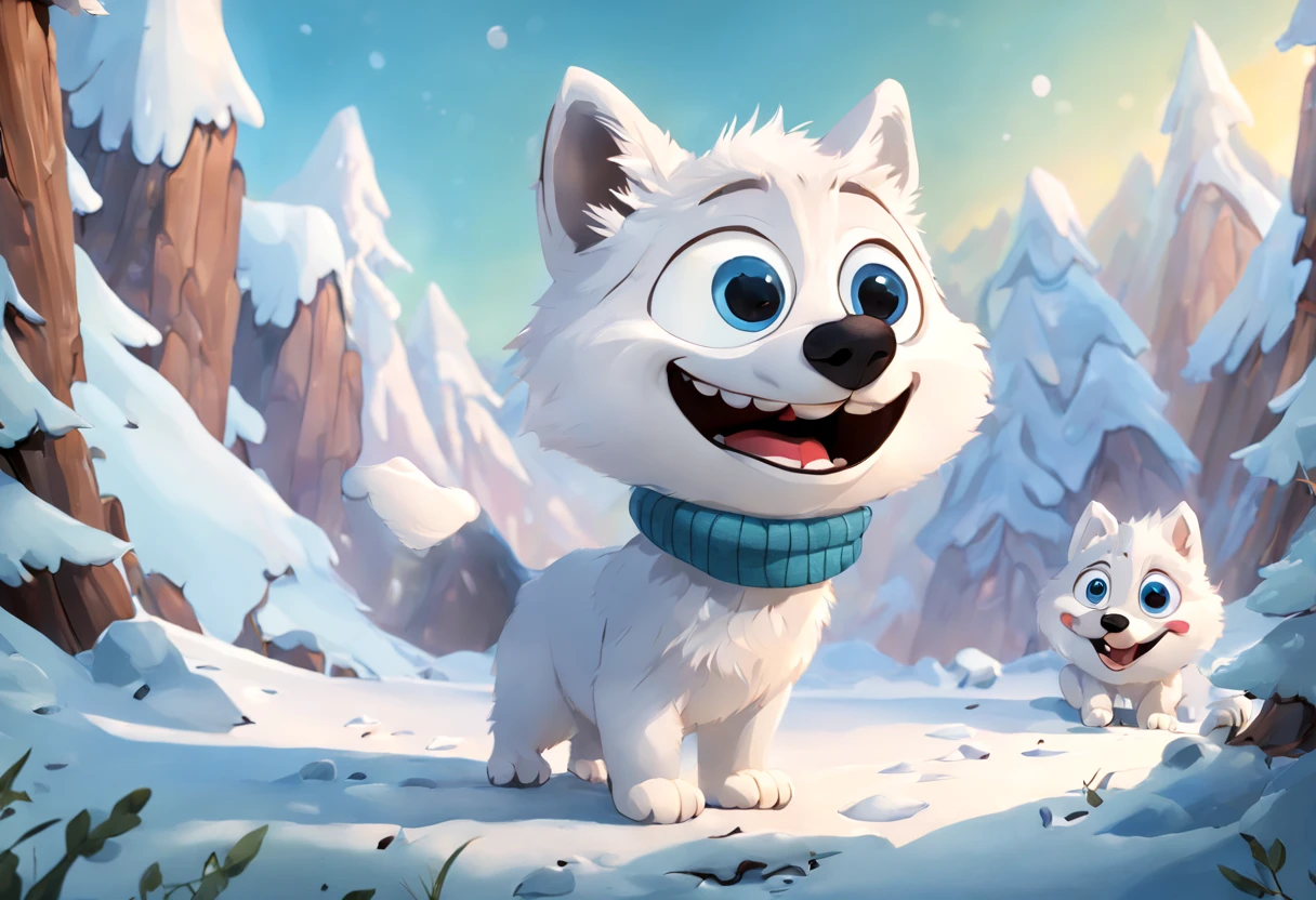 /best quality, ultra-detailed, realistic, photorealistic: 1.37),(disney pixar style:1.32) vibrant colors, soft lighting, art painting, arctic landscape, (two arctic fox cubs playing:1.2), ground covered in snow, fur details, adorable and cute creatures, curious expressions, playful behavior, sharp focus, white fluffy fur, expressive eyes, paw prints in the snow, frosty breath, forest background, subtle shadows, cool atmosphere and cold, bluish tones, energetic movement, majestic mountains, windy winds, happy interaction, natural habitat, charming scene, image taken from a cartoon scene