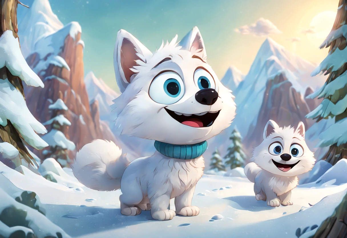 /best quality, ultra-detailed, realistic, photorealistic: 1.37),(disney pixar style:1.32) vibrant colors, soft lighting, art painting, arctic landscape, (two arctic fox cubs playing:1.2), ground covered in snow, fur details, adorable and cute creatures, curious expressions, playful behavior, sharp focus, white fluffy fur, expressive eyes, paw prints in the snow, frosty breath, forest background, subtle shadows, cool atmosphere and cold, bluish tones, energetic movement, majestic mountains, windy winds, happy interaction, natural habitat, charming scene, image taken from a cartoon scene