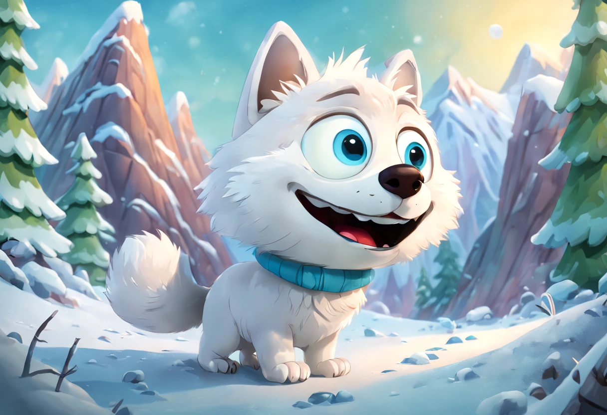 /best quality, ultra-detailed, realistic, photorealistic: 1.37),(disney pixar style:1.32) vibrant colors, soft lighting, art painting, arctic landscape, (two arctic fox cubs playing:1.2), ground covered in snow, fur details, adorable and cute creatures, curious expressions, playful behavior, sharp focus, white fluffy fur, expressive eyes, paw prints in the snow, frosty breath, forest background, subtle shadows, cool atmosphere and cold, bluish tones, energetic movement, majestic mountains, windy winds, happy interaction, natural habitat, charming scene, image taken from a cartoon scene