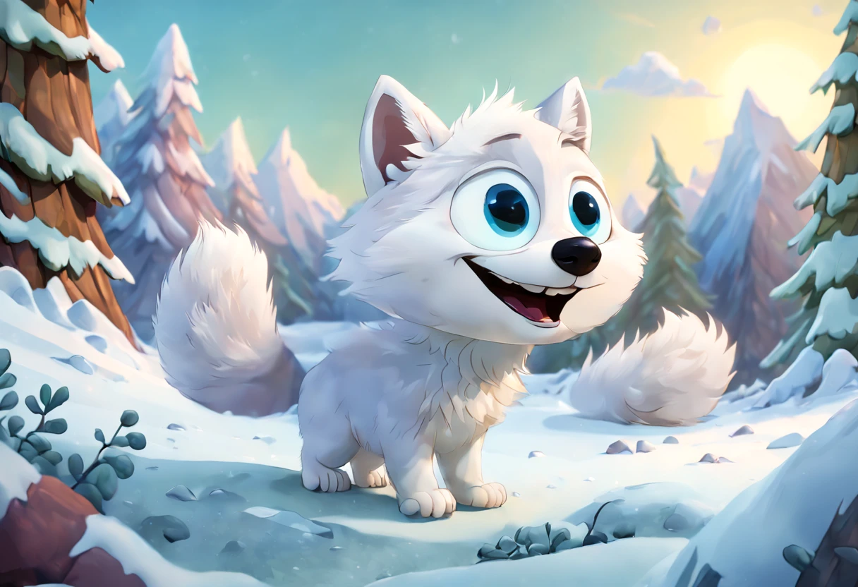 /best quality, ultra-detailed, realistic, photorealistic: 1.37),(disney pixar style:1.32) vibrant colors, soft lighting, art painting, arctic landscape, (two arctic fox cubs playing:1.2), ground covered in snow, fur details, adorable and cute creatures, curious expressions, playful behavior, sharp focus, white fluffy fur, expressive eyes, paw prints in the snow, frosty breath, forest background, subtle shadows, cool atmosphere and cold, bluish tones, energetic movement, majestic mountains, windy winds, happy interaction, natural habitat, charming scene, image taken from a cartoon scene